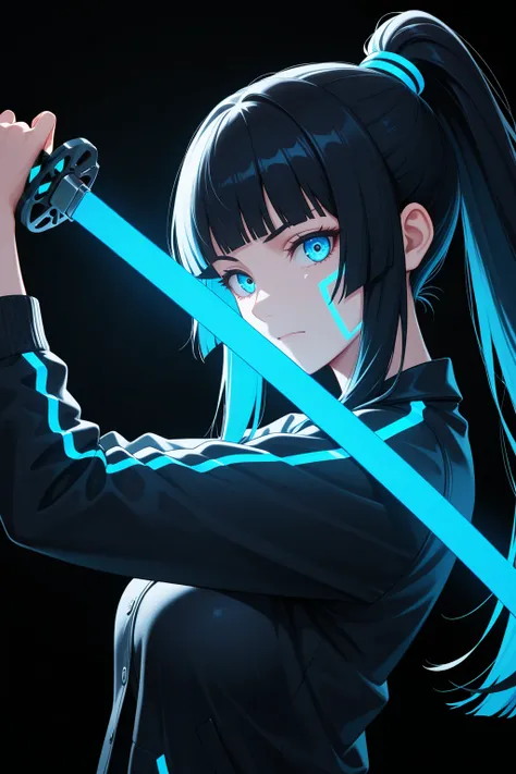 masterpiece, top quality,  feet ,  character focus , class, side angle, upper body, hime cut, long ponytail, cybernetic, I have Katana, pose, dynamic angle, focus on the face,  Viewers ,  Backlight, round background, with blue neon light,  black background...