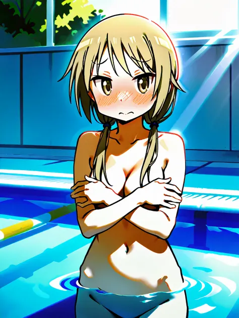 nsfw, one girl, Yuyushiki, Ichii Yui, naked, embarrassed, covering, school pool