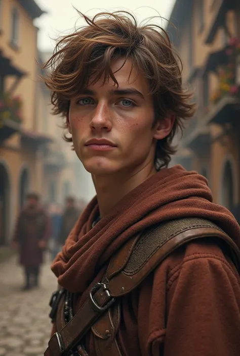 Create me a fictional character in the Middle Ages who is 18 years old and has brown hair and no beard