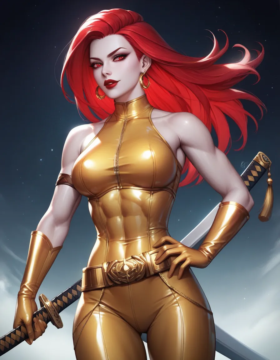 female gold sleeveless latex bodysuit, gold belt, gold long tight pants, racerback, bare shoulders, long gloves, gold gloves, toned arms, beautiful faces, red hair, long sleek hair, earrings, soft smooth skin, pale skin, night room background, red eyes, sc...