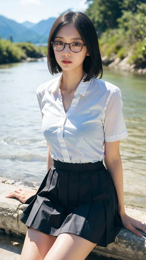 ((realistic lighting in a river deep in the mountains, best quality, 8k))overhead shot, long straight black hair、Ultra-thin face， double eyelids，Glasses、 freckles、big breasts、、shirt with open chest、long skirt with low skin exposure、Night Street、 wet shirt ...