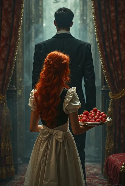 Make a book cover featuring a red-haired woman with her back dressed as a maid holding a fruit tray and some strawberries in front of a tall man in a suit, I can't see your face 