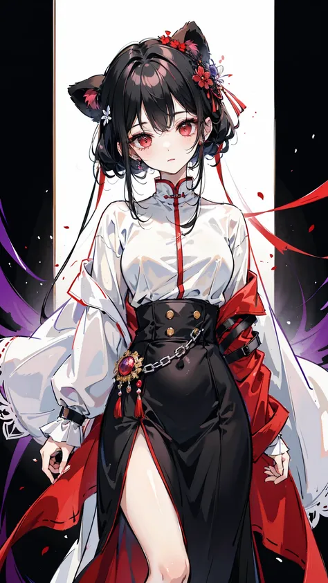 Black Bear，other rooms，the right half has gray hair，The left half is black hair，there is a white V in the middle of the hair，red eyes， slim figure，Black military uniform， purple shawl， white collar ， Black Bear的耳朵, 