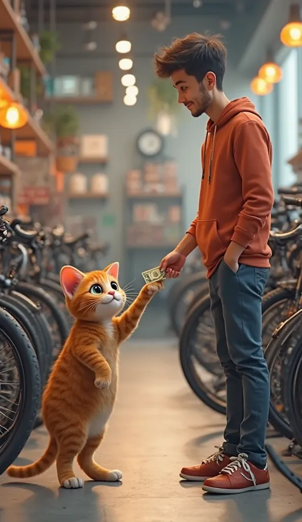 Realism, a Cute brown baby cat giving money to man beside New and modern cycles standing, inside of store and cat standing outside of store,cat in happy mood , background cycle store,