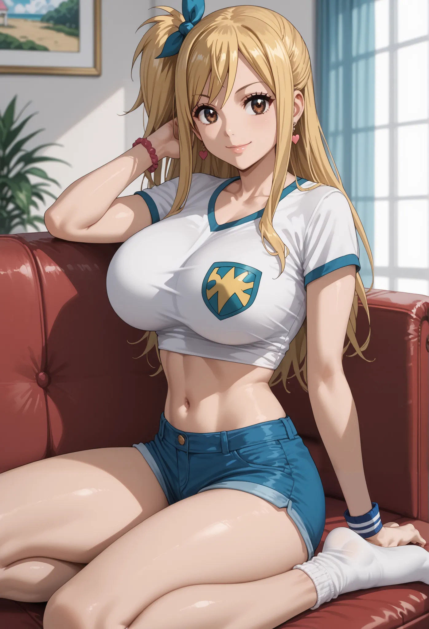  Tall girl, fit girl, thick thighs, Lucy Heartfilia, blonde hair, long hair, Blonde , brown eyes , long hair, One side up, ribbon, hair ribbon, blue ribbon, score_9, score_8_up, score_7_up, source_anime, masterpiece,best quality, huge breasts, flash gyaru,...