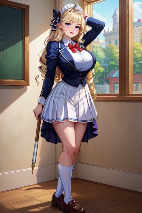 (masterpiece, best quality, absurdres, 4k, aesthetic, detailed, intricate),1girl,nikkecrwn,tiara, hair ribbon, long blonde drill hair, drill locks, french maid outfit, victorian maidservant, maid apron, White brim,  school uniform, blazer, red blazer, bow,...