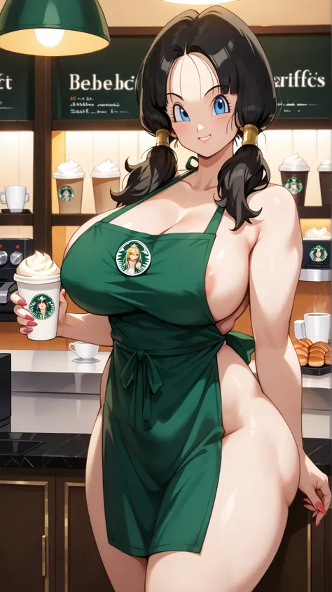 videl, videl2, solo, blue eyes, black hair, twintails, sexy girl, smile, fair skin, big boobs, big breasts, big ass, big butt, sexy body, nails, nails colors, apron, starbucks apron, barista girl, barista girl starbucks, right hand holding a Starbucks drin...