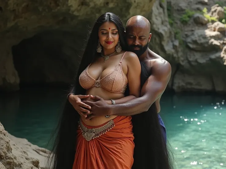 A photo of a curvy big breast plump Indian woman Rashmi Desai aged 30 years standing on a rock in a big cave exuding seductive charm. She dons a panty and a half-cut transparent bra, (((with very very long silky dark straight hair flowing down in front and...