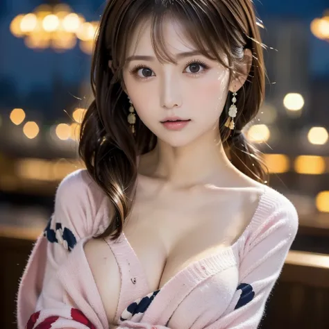 1 girl, beautiful girl、Alone, High Resolution, 最high quality, high quality, textured skin, Ultra High Precision, ((brown hair)),((Big Breasts,Big Breasts)),earrings, (( beautiful hotel with night view)), ribbon hair accessory, ((show me from face to legs))...