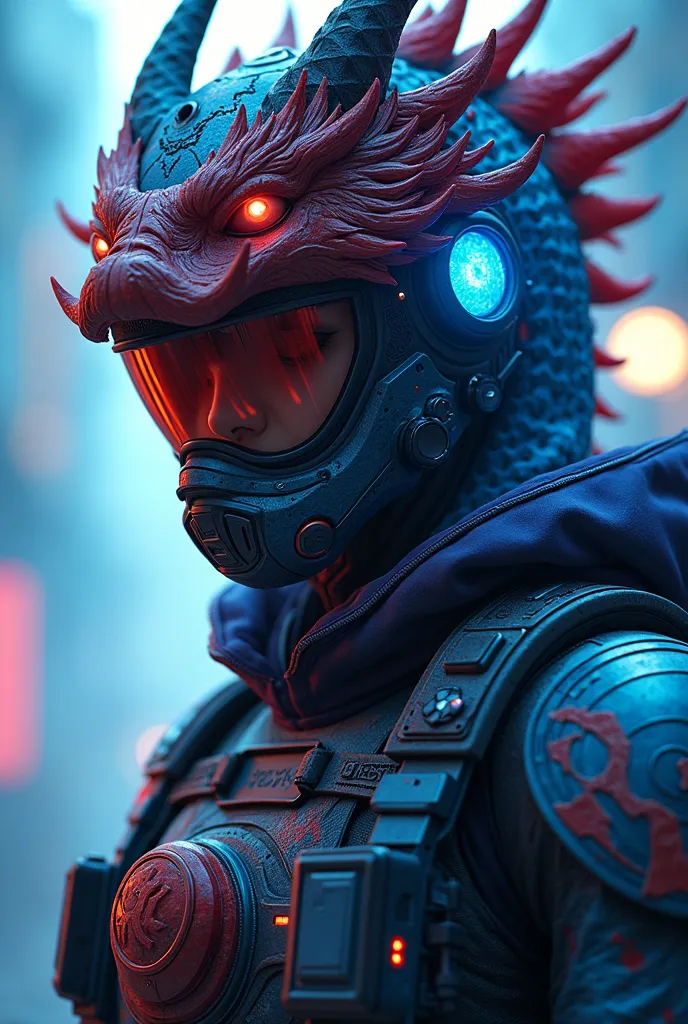 Close-up shot of a character wearing shooting game gear， game style ， Chinese style，The helmet has the shape of the mythical beast Genbu，The clothes, pants, and backpack are a style that combines the mythical beast Suzaku and the Blue Dragon，Electronic Gir...