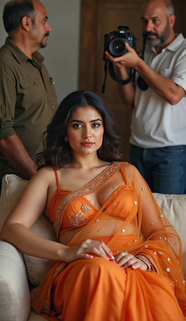 Indian plus size women wears a carrot  transparent saree with bra and panties on sofa with a behind two mature man holding 8k photo 