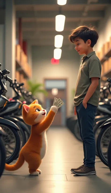 Realism, a Cute brown baby cat giving money to man beside New and modern cycles standing, inside of store and cat standing outside of store,cat in happy mood , background cycle store,