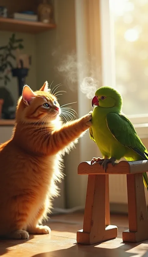 A fluffy orange tabby cat stands in a cozy room, holding a small hairdryer in one paw, directing a warm breeze toward a vibrant green parrot perched on a wooden stand. With its other paw, the cat gently fluffs the parrot’s slightly damp feathers, ensuring ...