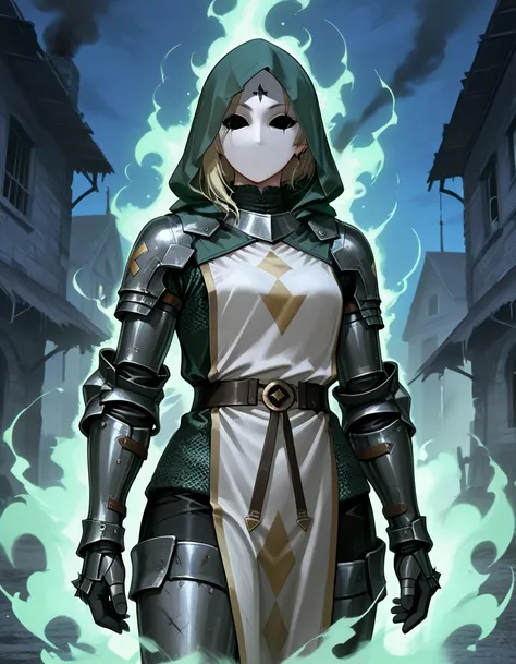 arm0rs3nt1n3l, A female wearing a tight green tabard that has a hollow triangle shape on it, [medium breasts], wearing a blank white mask with no details beneath a green hood, ((mask is completely white besides two eyeholes)),  dark green glow from the mas...