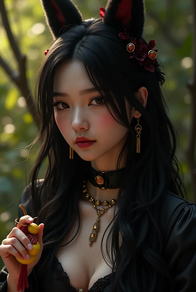 (( RAW photo),  absurd, (absurd resolution)), masterpiece, accessories, (Extremely detailed 8k unity CG wallpaper), (best illustration), ( best shade), Realistic lighting, detailed and beautiful brightness, (( 21 years old)), chica, long black hair, black ...