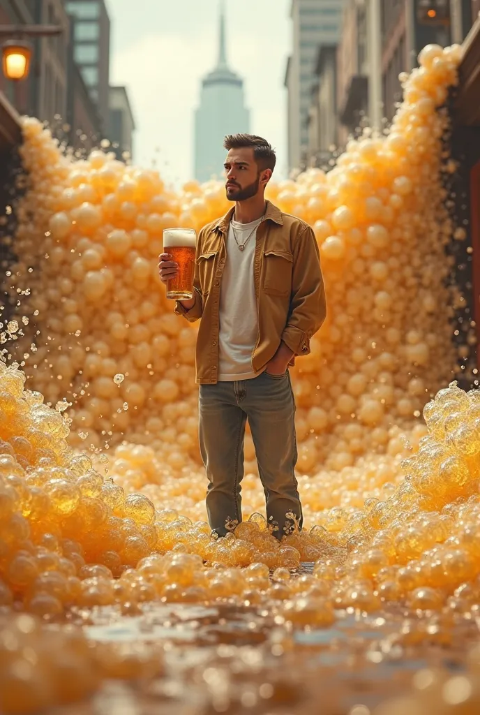 A modern-day person standing in front of a massive beer flood, holding an empty pint glass, looking indecisive.