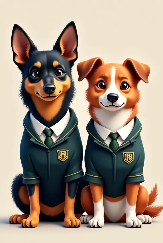 Two black and brown dogs dressed in school tunics