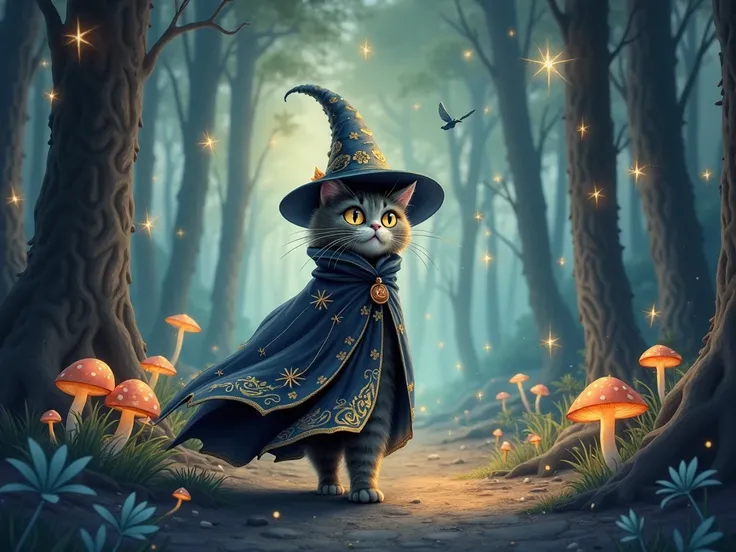 Based on this image create zoom on cat wizard character face, he looks at something with wonder, The cat wears a pointed hat and a flowing cloak, surrounded by magical elements such as glowing mushrooms and fairy lights. The forest is filled with tall, mys...