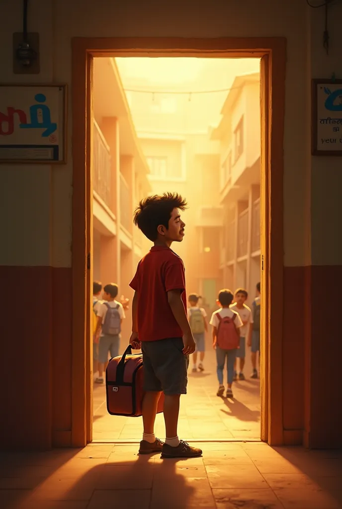 A cinematic and emotional Marathi short film poster concept. The scene features a young boy standing at the entrance of a hostel, holding his bag tightly with teary eyes, looking back at his parents who are waving goodbye with emotional expressions. The ba...