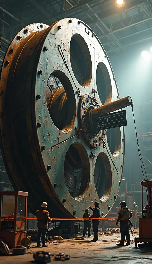 Filmmaking – A colossal vintage film reel being assembled by tiny workers like a high-tech movie set. Some are tightening bolts on the reels, others are painting film strips, while a crane lifts a massive clapperboard into place. Bright studio lights illum...