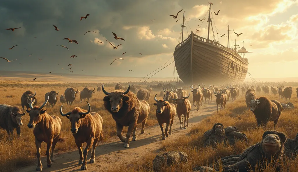 An image of pairs of animals, both male and female, of all kinds —birds, beasts and reptiles— approaching Noah's Ark. Animals walk in pairs according to their species, with a sense of calm and order The. in the foreground, you see birds of different types,...