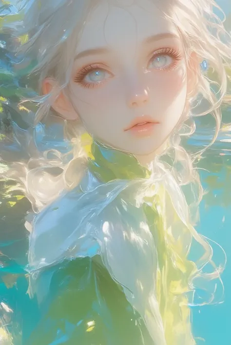 Gray-eyed blond woman in green clothes sitting overlooking a crystal clear lake, close-up face 