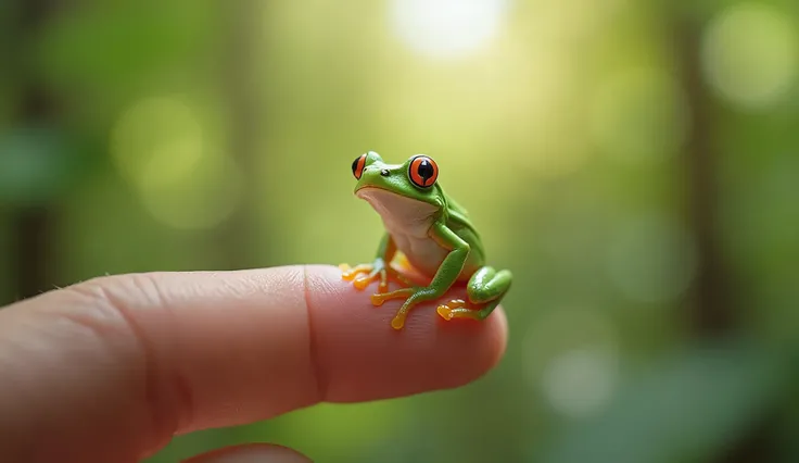 A tiny, vibrant green frog sitting delicately on a human finger, set against a soft, blurred forest background. The frog’s eyes are wide, and there’s a soft sunlight filtering through the leaves."