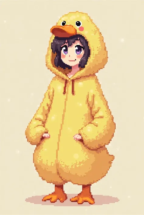 Make a female character with a 16x16 pixel art full-body duck hoodie