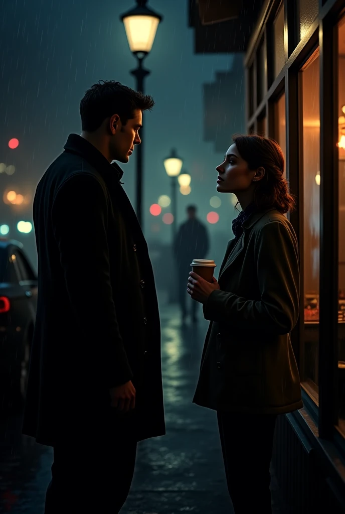 A cinematic and atmospheric scene capturing the emotional tension of a forbidden connection. In a dimly lit, rain-soaked urban setting at night, a mysterious man in a black coat stands under a flickering streetlamp, his piercing gaze locked onto a young wo...