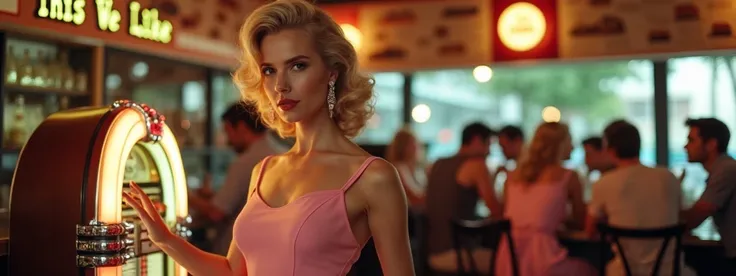 a blond venezuelan woman in a pink dress from the 50s serving food standing next to a juke box in a classic burger bar with people dressed in 50s cloths eating in the back, This We Like written on the wall