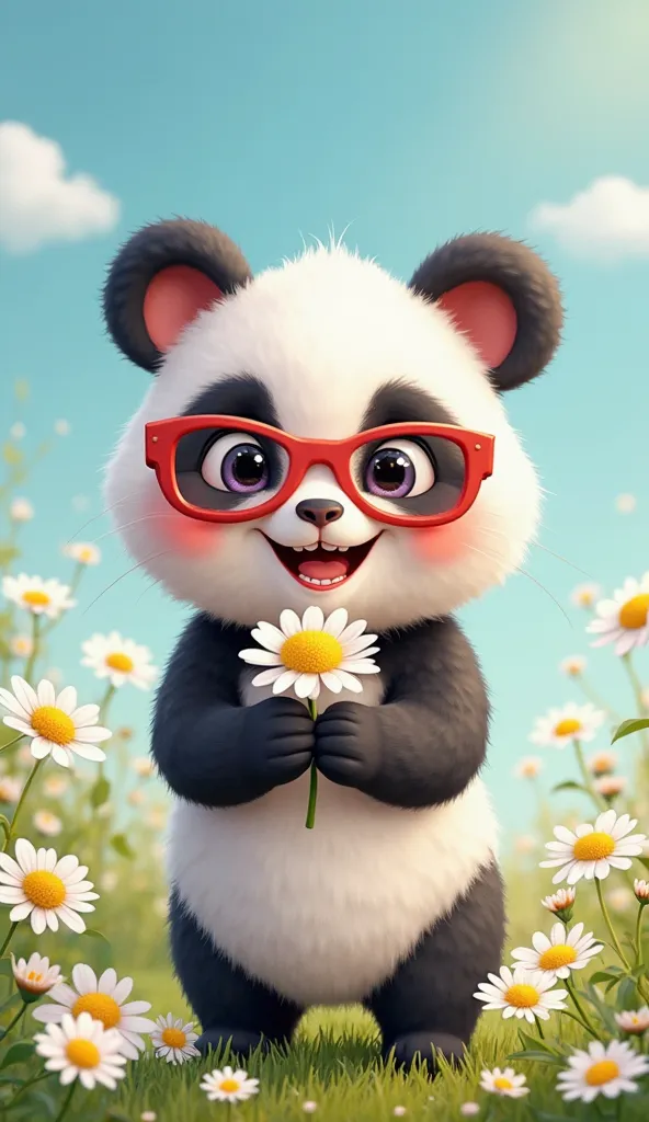 Cute and cheerful little panda, black and white in color, with soft and dense fur. His eyes are wide and bright, and his smile is wearing red glasses. . He is in the center of the frame, and his face is turned towards the viewer. The little panda shows a p...