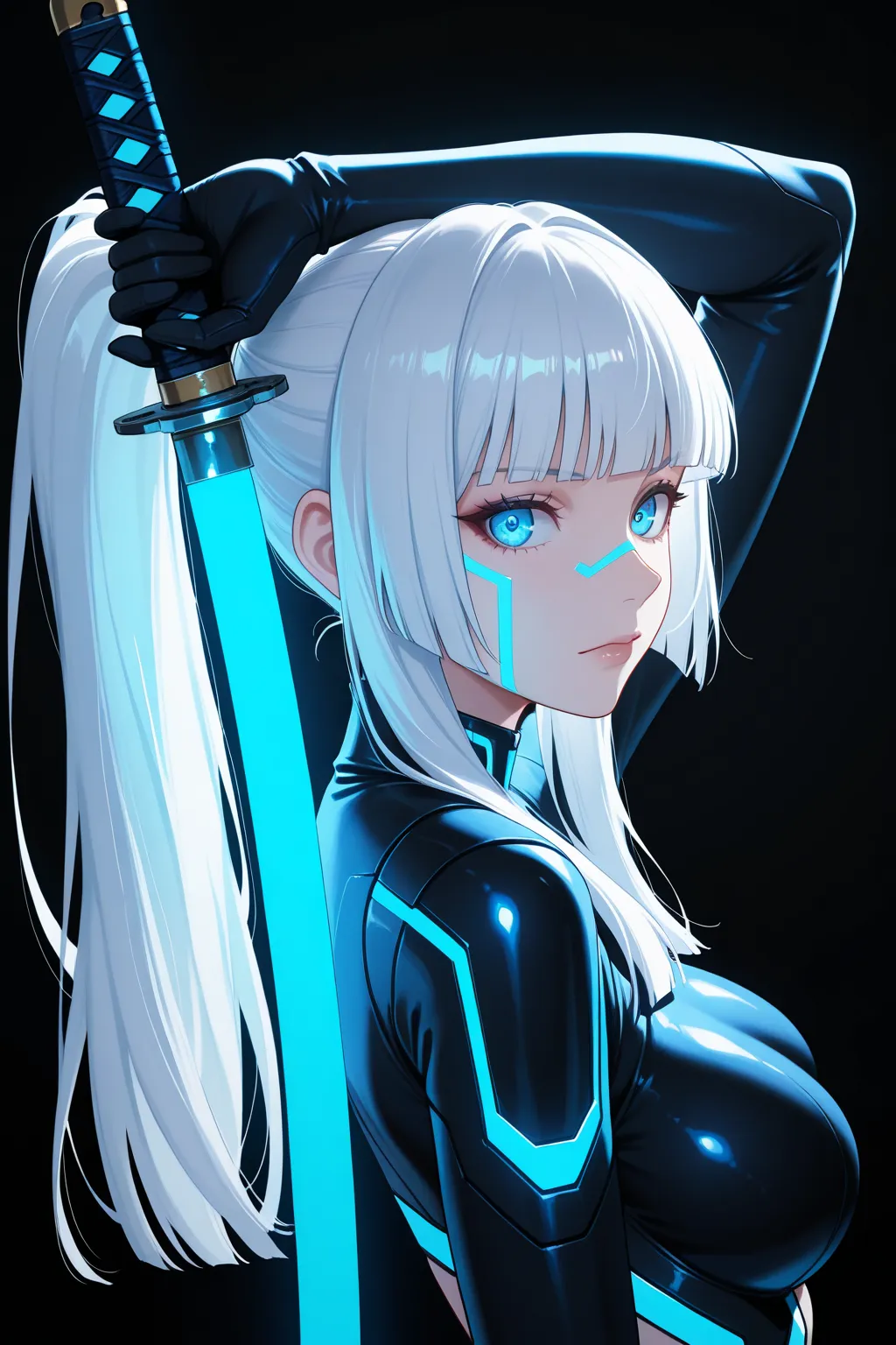 masterpiece, top quality,  feet ,  character focus , class, side angle, upper body, hime cut, long ponytail, white hair, cybernetic, I have Katana, pose, dynamic angle, focus on the face,  Viewers ,  Backlight, round background, with blue neon light,  blac...