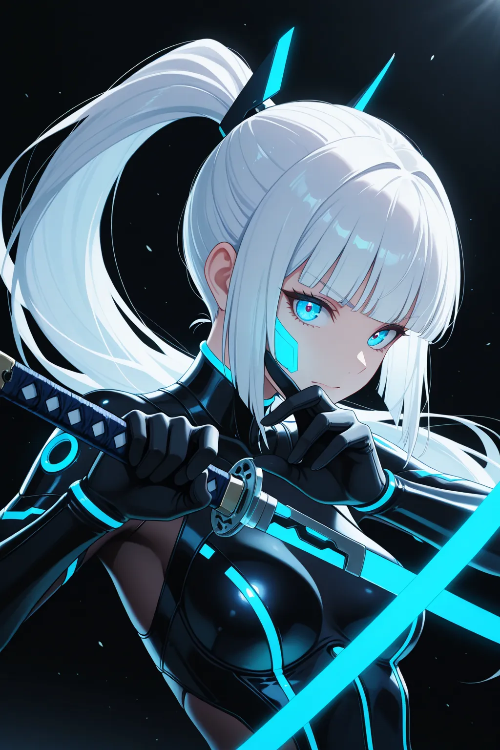 masterpiece, top quality,  feet ,  character focus , class, side angle, upper body, hime cut, long ponytail, white hair, cybernetic, I have Katana, pose, dynamic angle, focus on the face,  Viewers ,  Backlight, round background, with blue neon light,  blac...