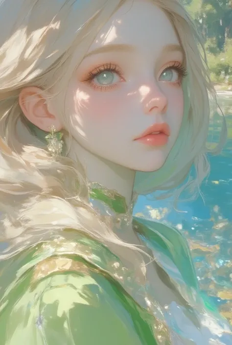 Gray-eyed blond woman in green clothes sitting overlooking a crystal clear lake, close-up face 