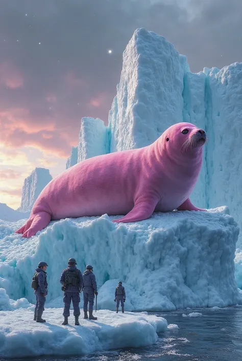 A gigantic pink seal rests on a massive iceberg, its enormous size dominating the frozen landscape. Its vibrant pink skin shimmers under the sunlight, contrasting against the icy blue surroundings. Soldiers in navy uniforms stand in awe, looking tiny next ...