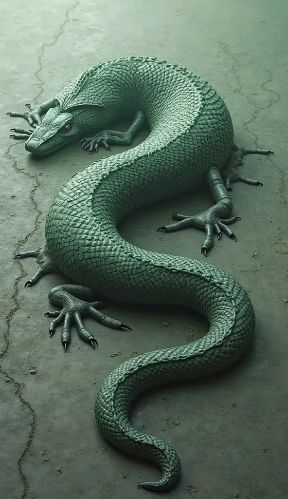 large dark green colored scaled python with arms and legs laying down and dying on the ground