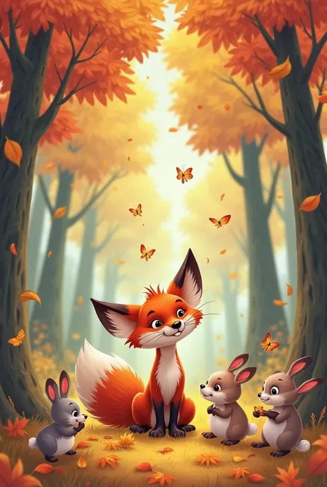 Create a Disneys-style 2D image of a fox, rabbits and butterflies in a forest in autumn 