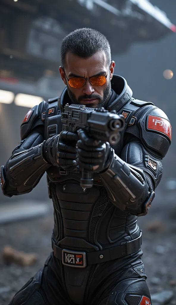 ((Precise)) ((Lore Accurate)) ((Accurate)) ((Masterpiece)) ((Hyperrealistic)) Mass Effect Male character, N7 Agent without the helmet, aiming with a "N-7 Eagle Pistol", full-body view, the N-7 symbol is vusible on his arm, Background is a space dropship.