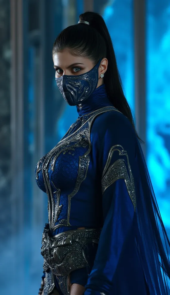 Here's a prompt detailed to generate a super realistic image of Alexandra Daddario as Kitana, with a shiny metal mask and details blue, focused on the upper body: "Hyper-realistic Close-up of Alexandra Daddario as Kitana, the warrior of * mortal kombat*. S...