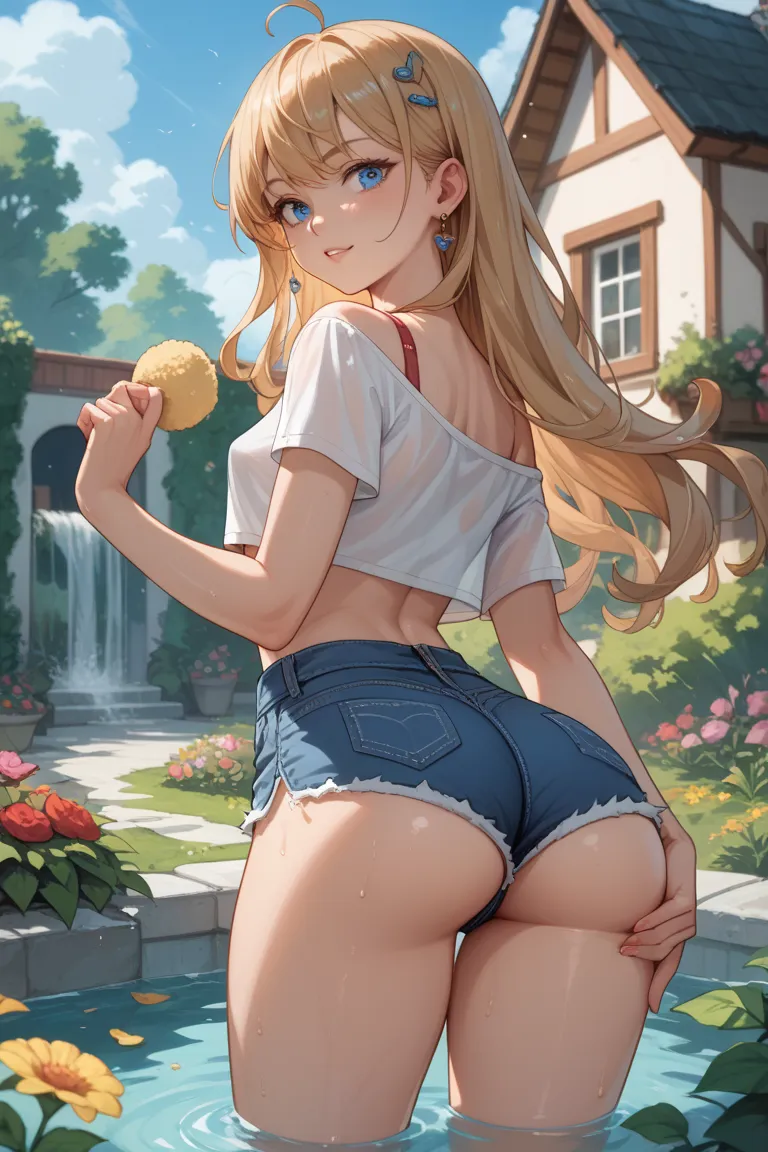 Draw Samanta , an anime-style female character. Long hair reaching up to the waist falling down the back.  blue eyes. small breasts.  thin waist.  Big and hot ass. Samanta is bathing her little dog in the house garden. Wearing loose-fitting cropped shorts ...