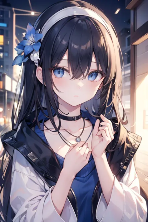 fumikasagisawa, BREAK fumika sagisawa, blue eyes, black hair, hair between eyes, hairband, long hair, hair over eyes,
BREAK blue sweater, collarbone, jewelry, necklace, shawl, sweater,,
BREAK looking at viewer,
BREAK outdoors, city,
BREAK (masterpiece:1.2)...