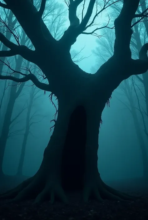 "A spooky, twisted tree in a foggy forest at night. Strange shadows move around, and eerie whispers fill the air. The hollow in the tree looks dark and mysterious, as if something unseen is lurking inside."

