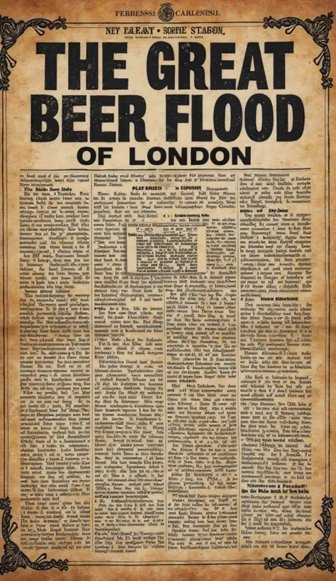 An old newspaper clipping from the 1800s with a bold headline about the Great Beer Flood of London