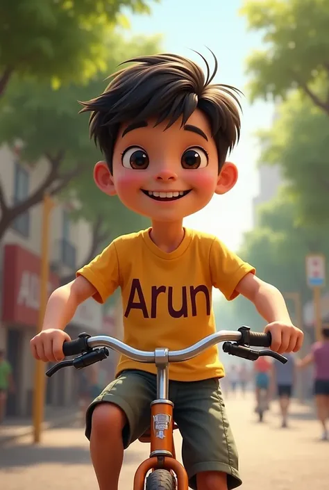 A boy's name is Arun and this name will be written on his t-shirt and he will have a bike