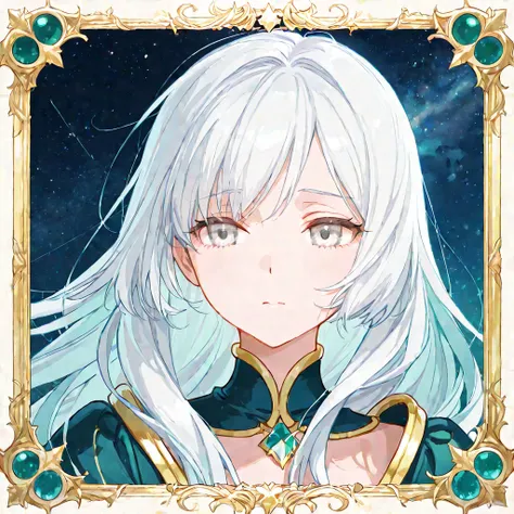 The character of a girl with long white hair and gray eyes is related to the planet Uranus. Space is dominated by the fantasy atmosphere and the color is white, green, blue, black and sad. The picture is from the side