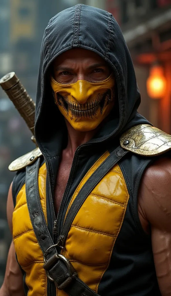 Here's a detailed prompt for generate a super realistic image of Hugh Jackman as Scorpion, with a shiny metal mask and yellow and gold details, focused on the upper body: "Close-up hiper-realista do Hugh Jackman como Scorpion, the iconic ninja specter of *...