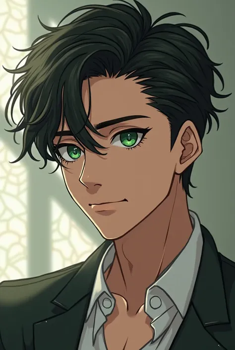 Anime boy 
Black hair
Type of haircut: texture crop 
Emerald green: Claro Moreno 
Eyes: emerald greens 
Cute sexy serious flirtatious cold 