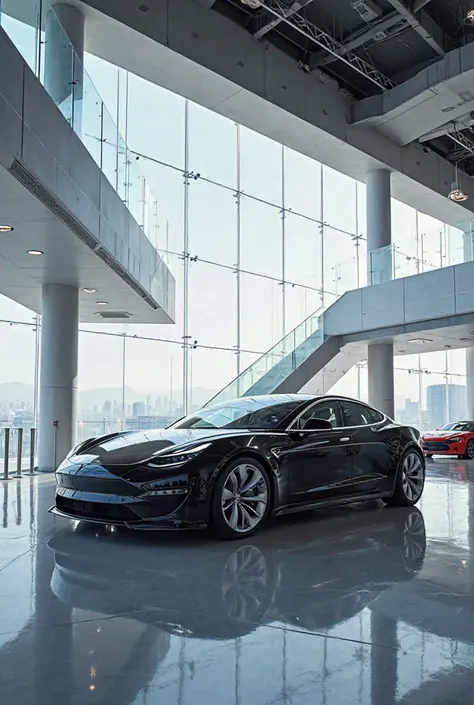 A picture of the Tesla car show with a modern design, characterized by sharp lines and sloping roofs, with large glass windows and an elegant metal structure.