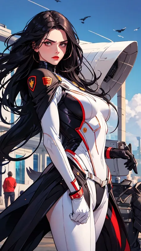 Make an image of a beautiful white-skinned woman with Latin features,  with long black hair, She has bright white eyes , You have bright red lips, she has modern white Superhero clothes ,He has a mask that covers his face attached to the suit,  measures 1....