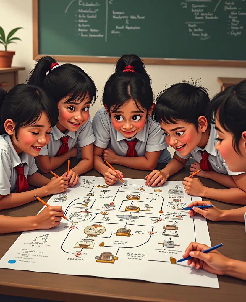 Group of young students wearing UNAM high school uniforms, gathered in a classroom with a blackboard behind, drawing a coffee production scheme with enthusiasm.

